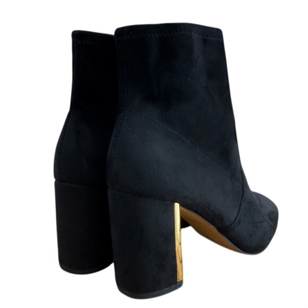 Coach Suede Sock Ankle Boot Women 9 Gold Logo Block Heel Luxe Chic Romantic Noir - Picture 6 of 14